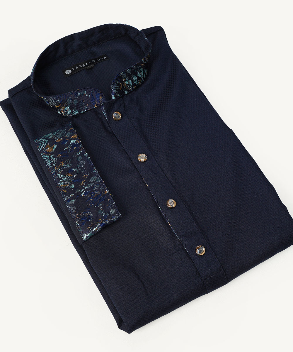 Navy Blue Coontrast Doby Cotton Slim Fitted Panjabi