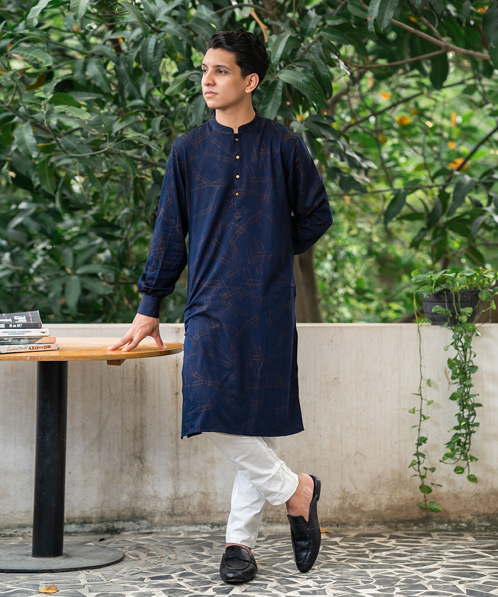 Navy Blue Bamboo Silk Cufflinks Panjabi