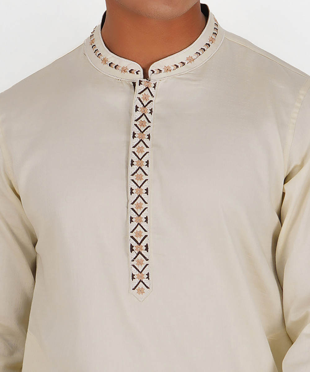 Off White Embroidered Jacquard Cotton Panjabi