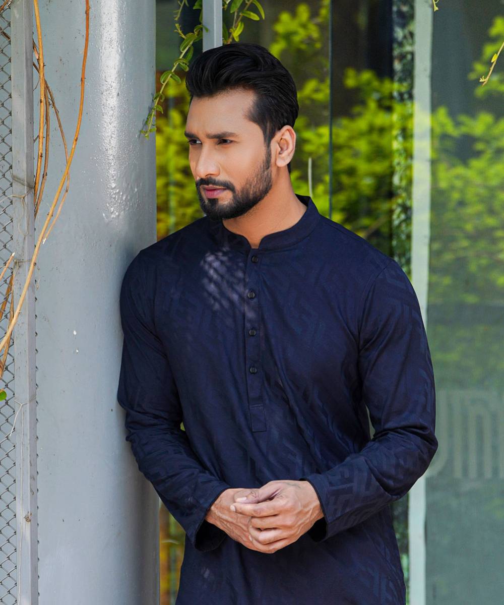 Dark Navy Blue Jacquard Cotton Panjabi