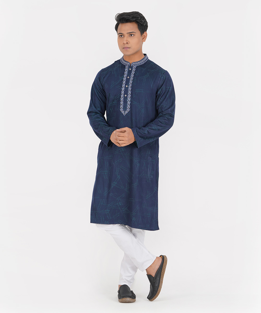 Navy Blue Embroidered Jacquard Cotton Panjabi