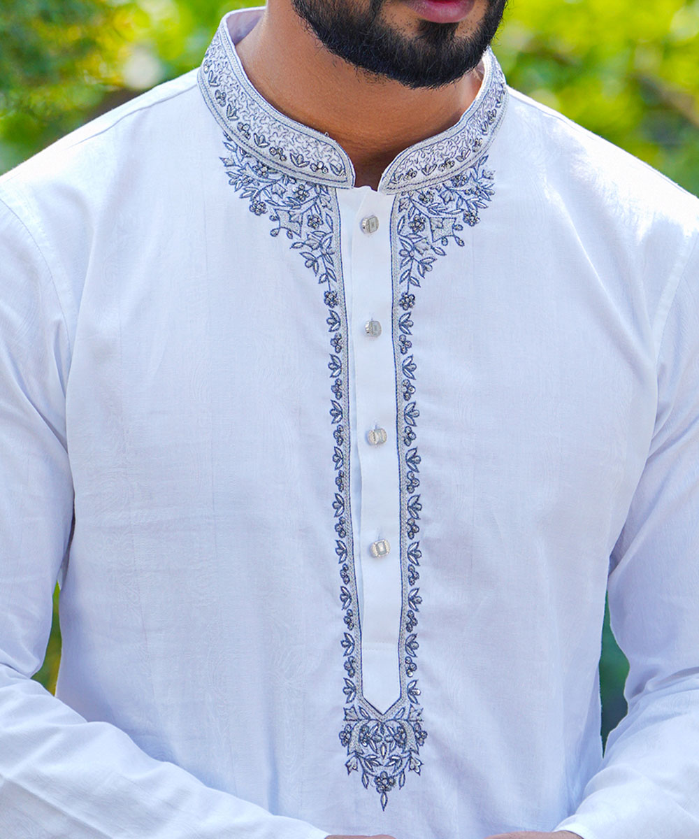 Embroidered White Jacquard Cotton Panjabi
