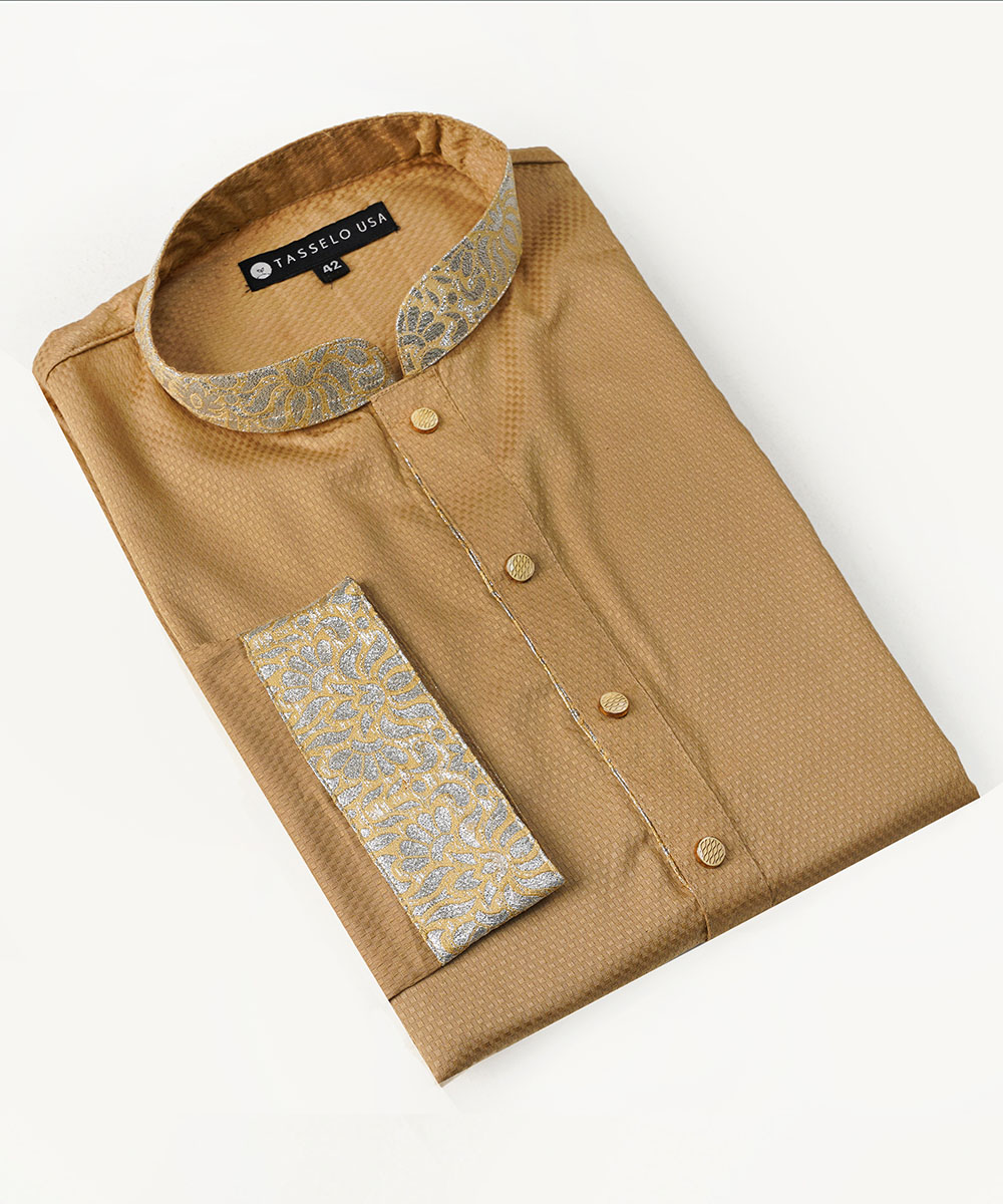 Pale Golden Dobby Cotton Slim Fitted Panjabi