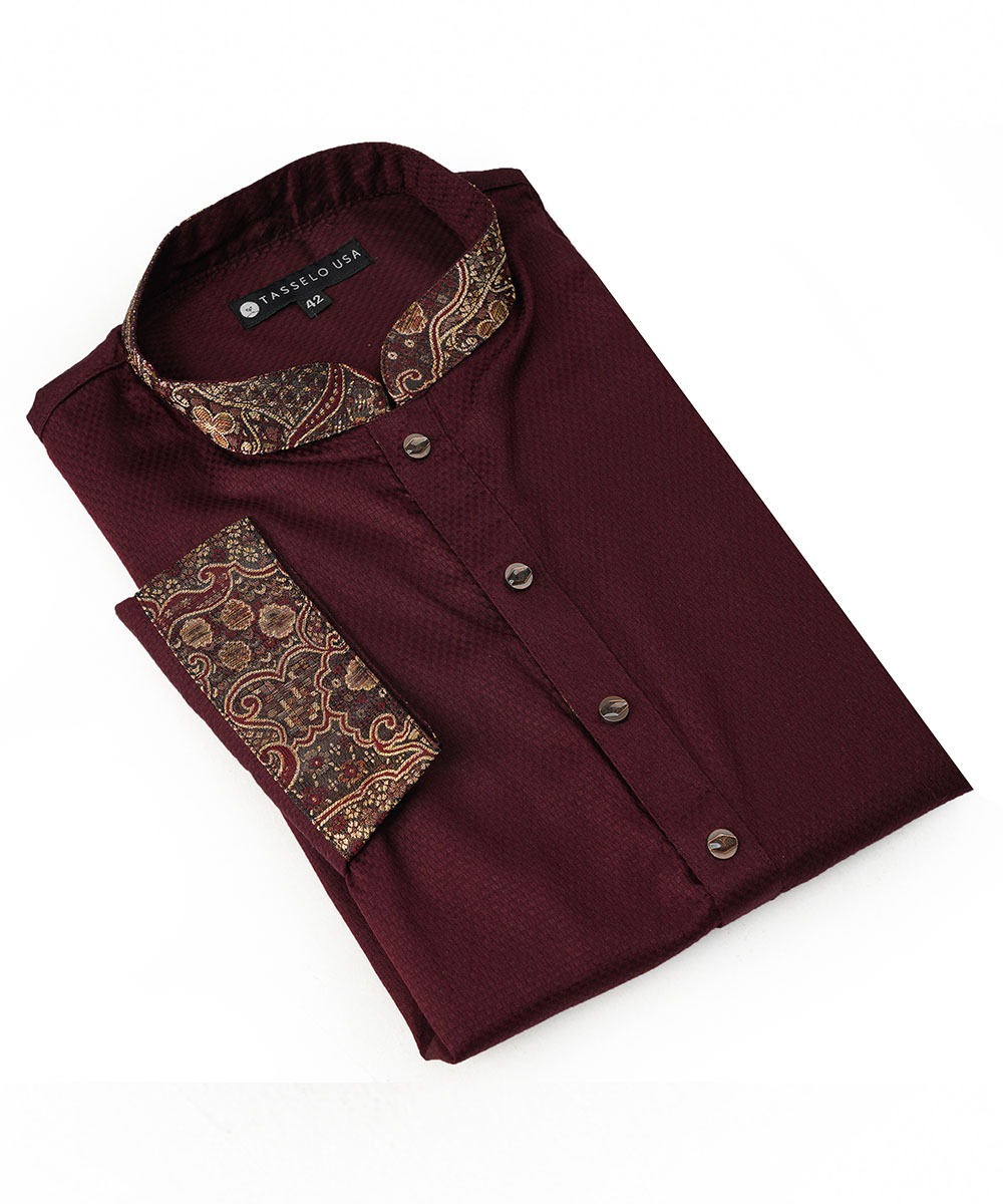 Maroon Color Dobby Cotton Contrast Slim Fit Panjabi