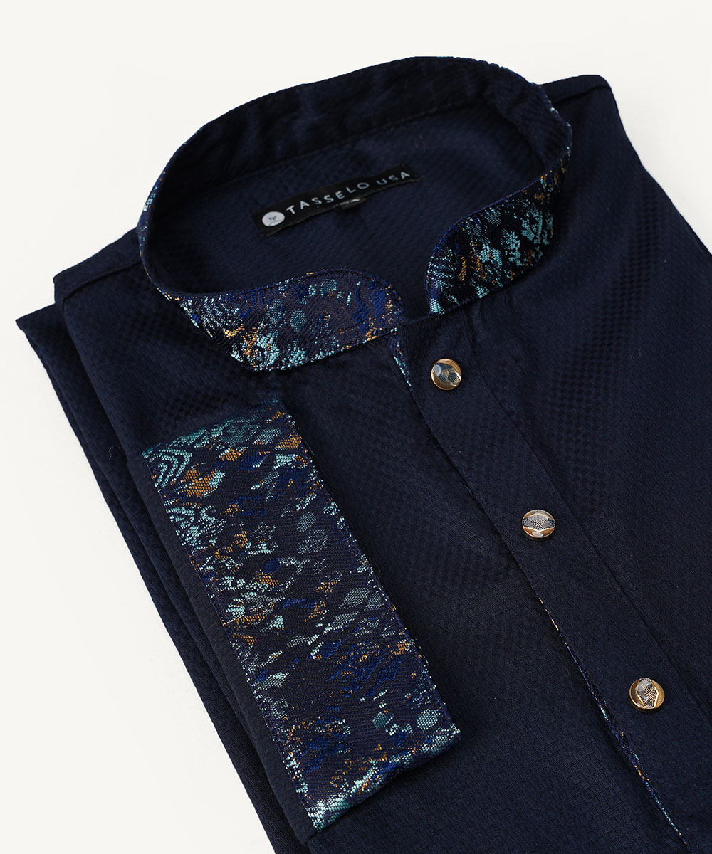 Navy Blue Coontrast Doby Cotton Slim Fitted Panjabi