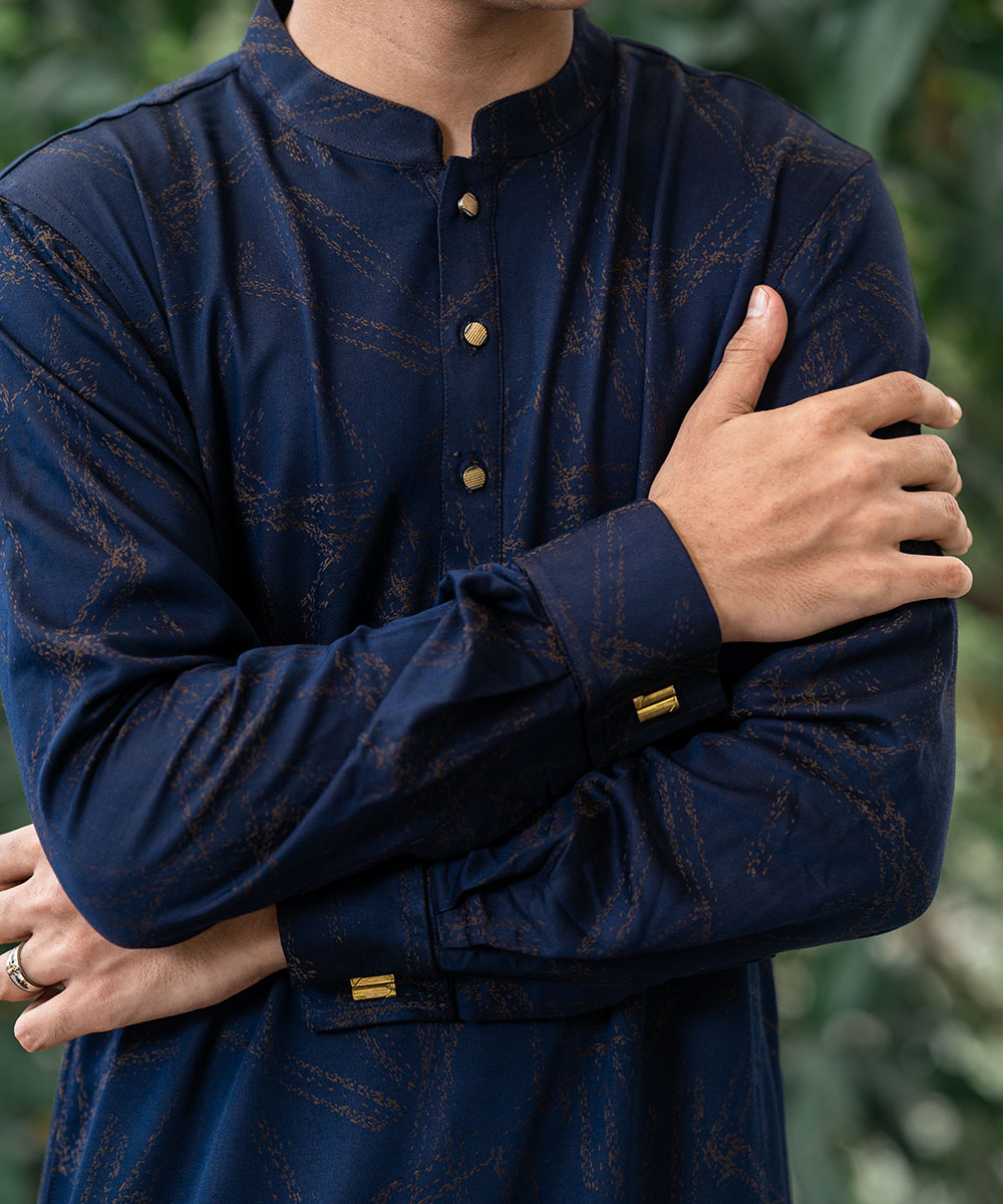 Navy Blue Bamboo Silk Cufflinks Panjabi