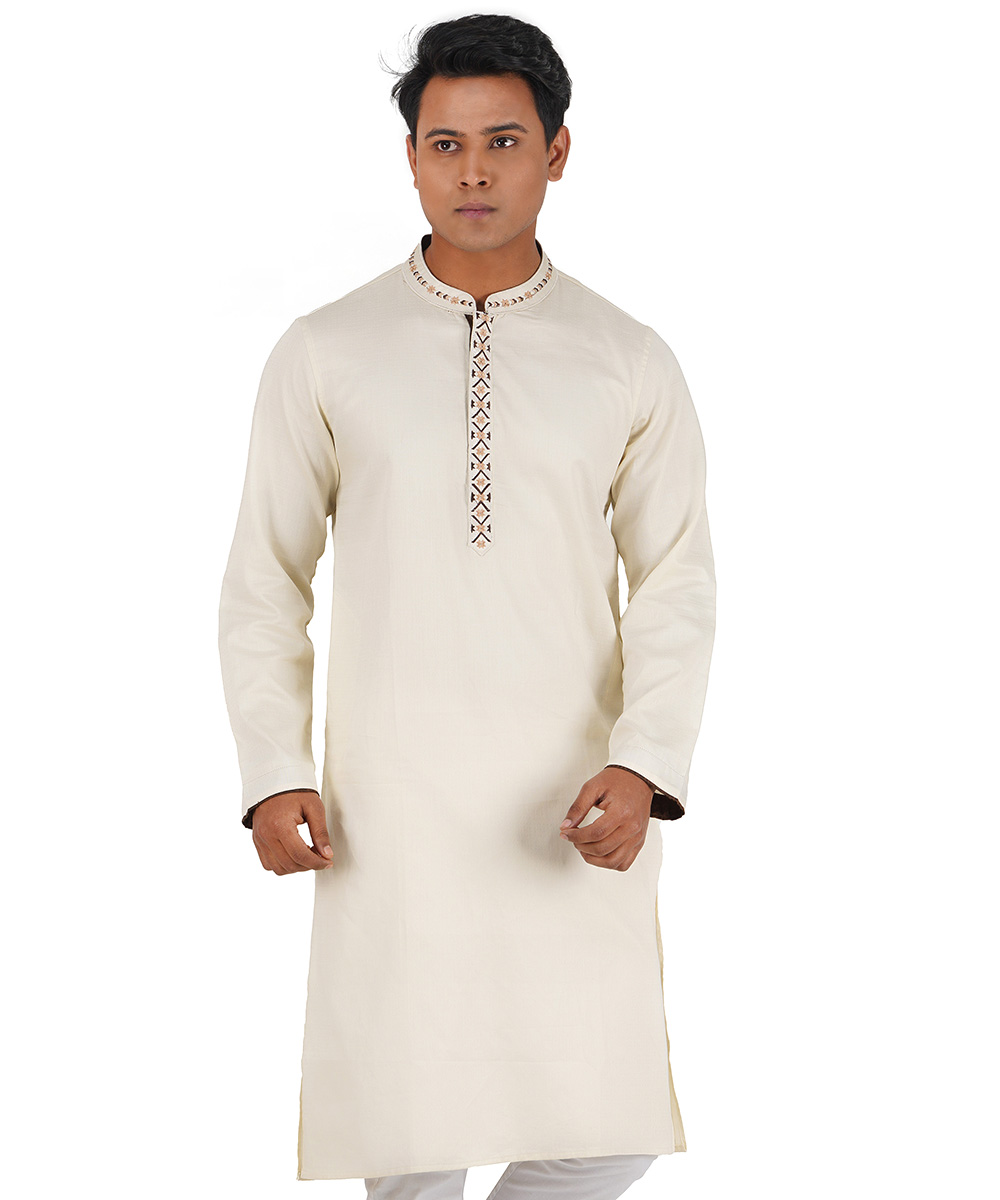 Off White Embroidered Jacquard Cotton Panjabi