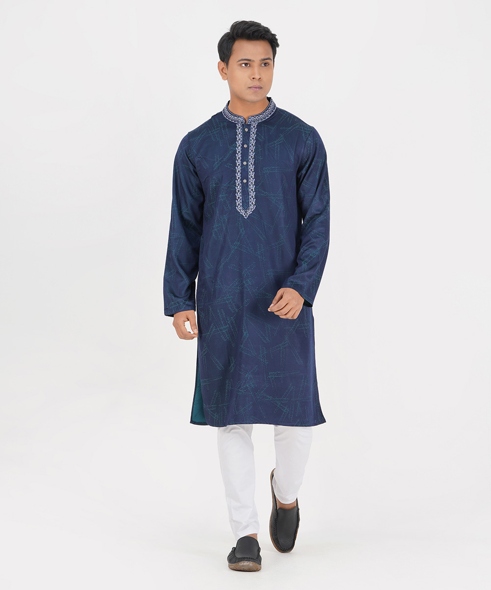 Navy Blue Embroidered Jacquard Cotton Panjabi