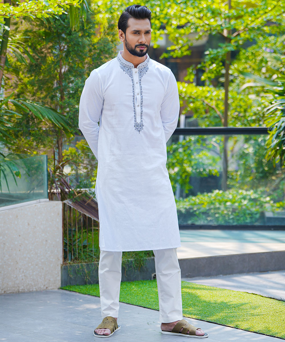 Embroidered White Jacquard Cotton Panjabi