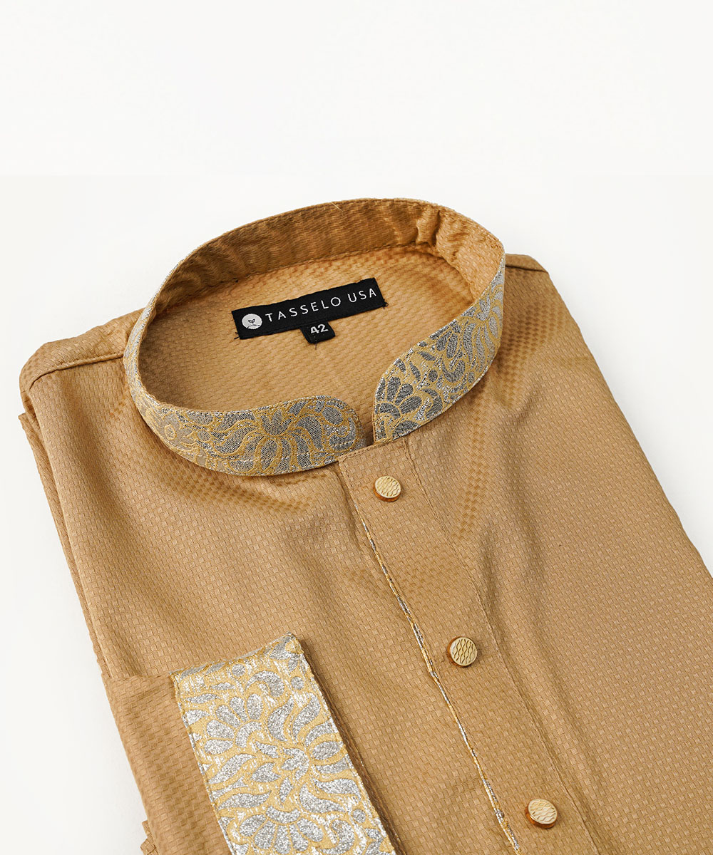 Pale Golden Dobby Cotton Slim Fitted Panjabi