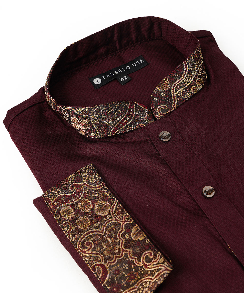 Maroon Color Dobby Cotton Contrast Slim Fit Panjabi