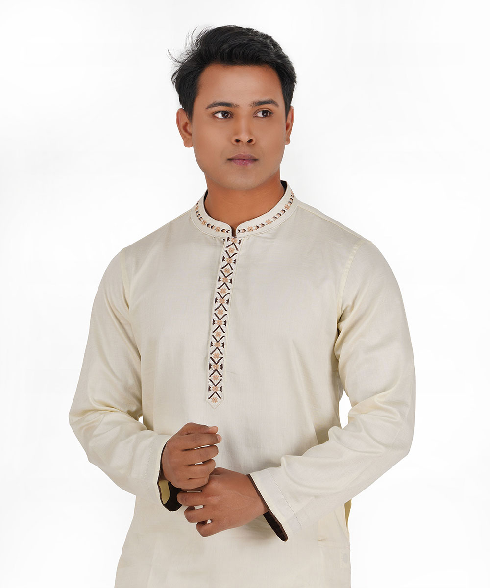 Off White Embroidered Jacquard Cotton Panjabi