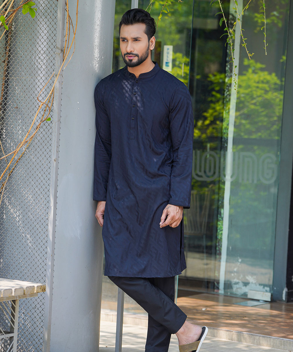 Dark Navy Blue Jacquard Cotton Panjabi