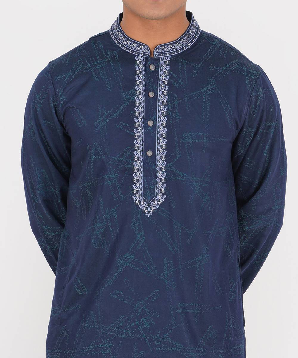 Navy Blue Embroidered Jacquard Cotton Panjabi