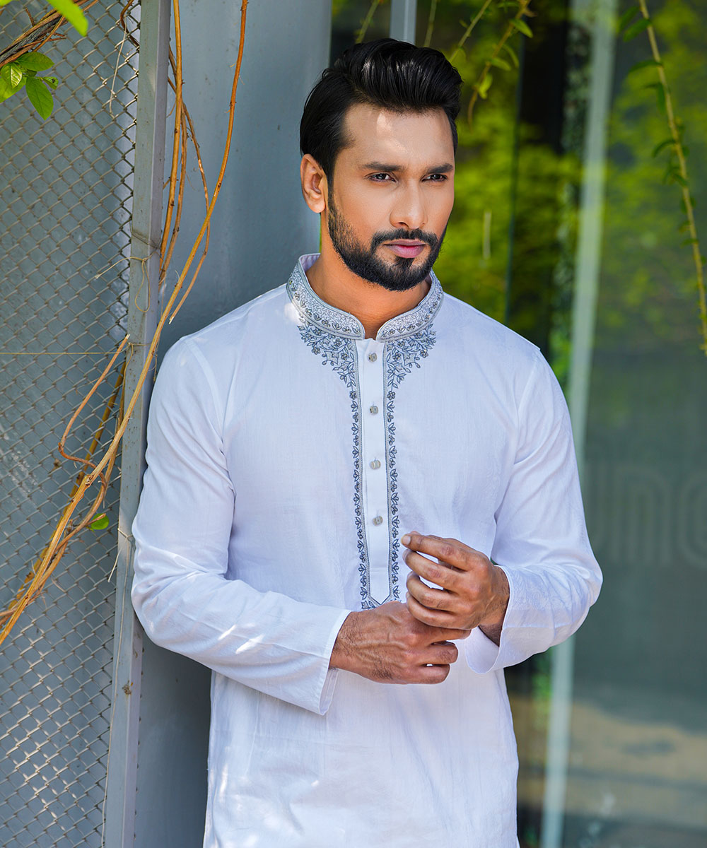 Embroidered White Jacquard Cotton Panjabi
