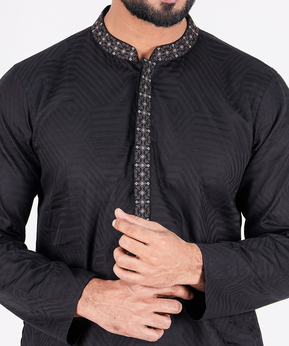 Black Jacquard Cotton Panjabi
