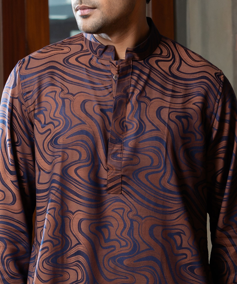 Brown Abstract Print Bamboo Silk Panjabi