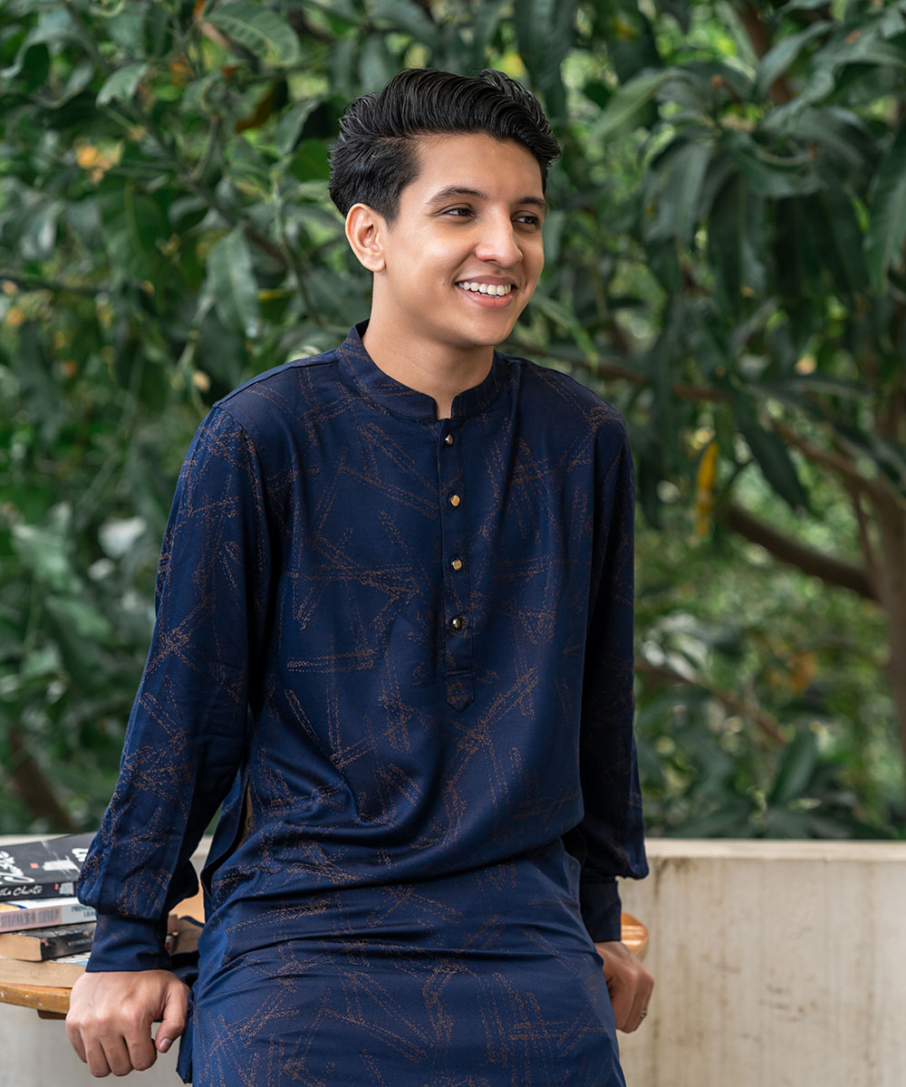 Navy Blue Bamboo Silk Cufflinks Panjabi