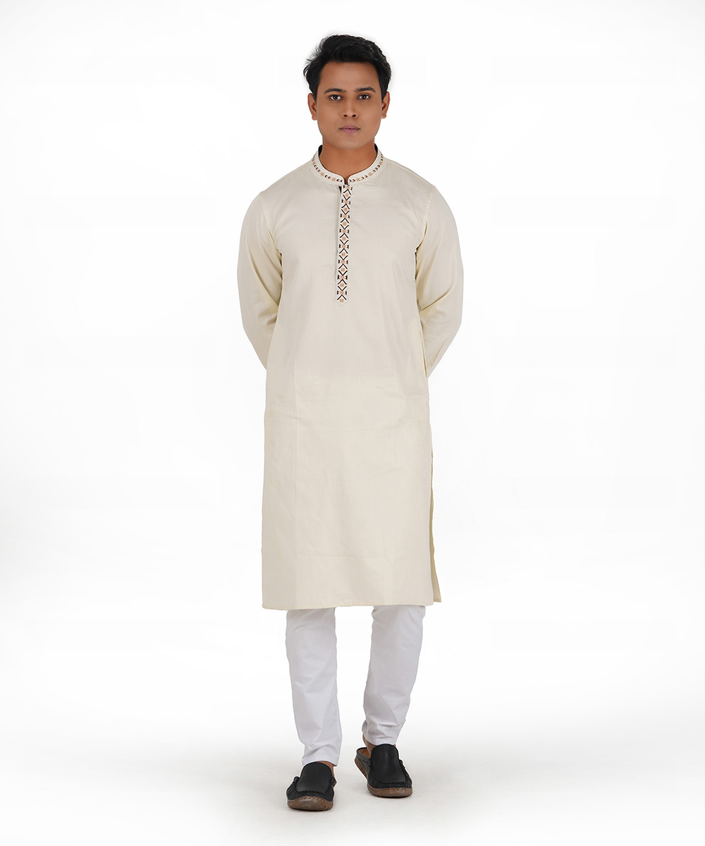 Off White Embroidered Jacquard Cotton Panjabi