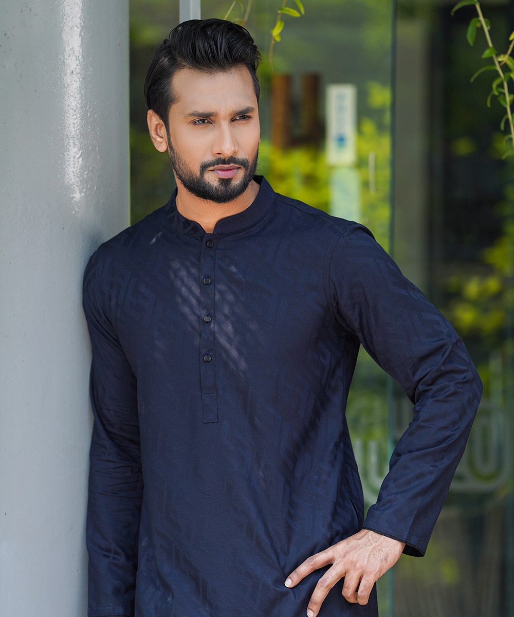 Dark Navy Blue Jacquard Cotton Panjabi