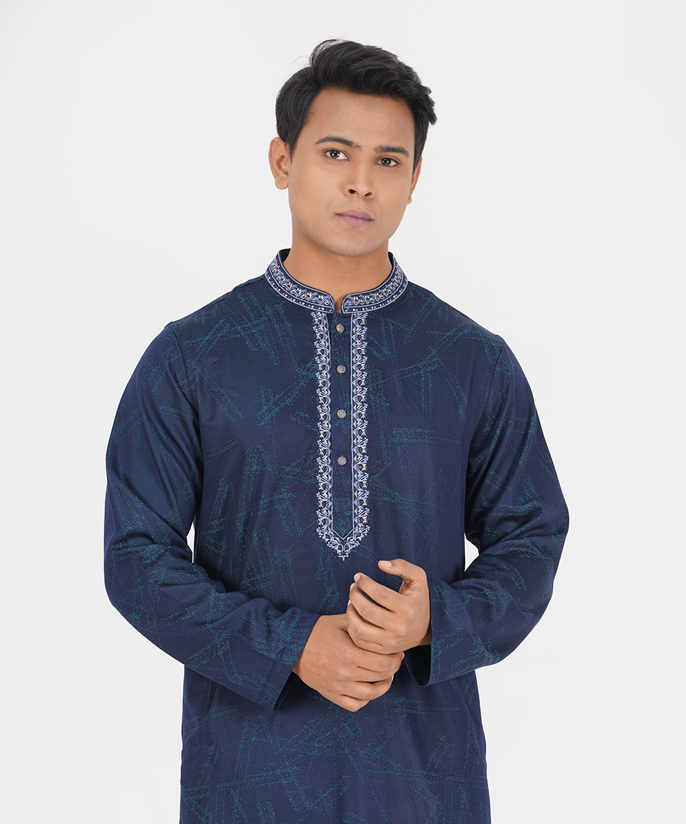 Navy Blue Embroidered Jacquard Cotton Panjabi