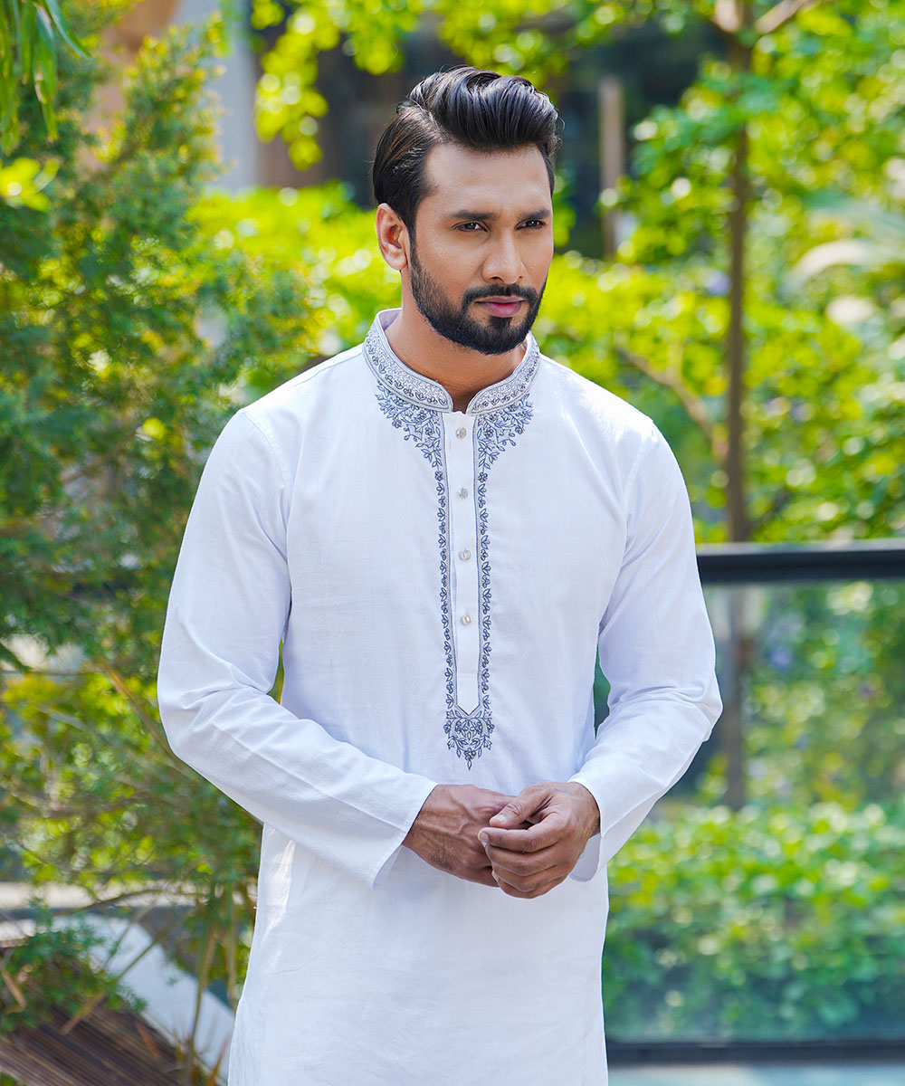 Embroidered White Jacquard Cotton Panjabi