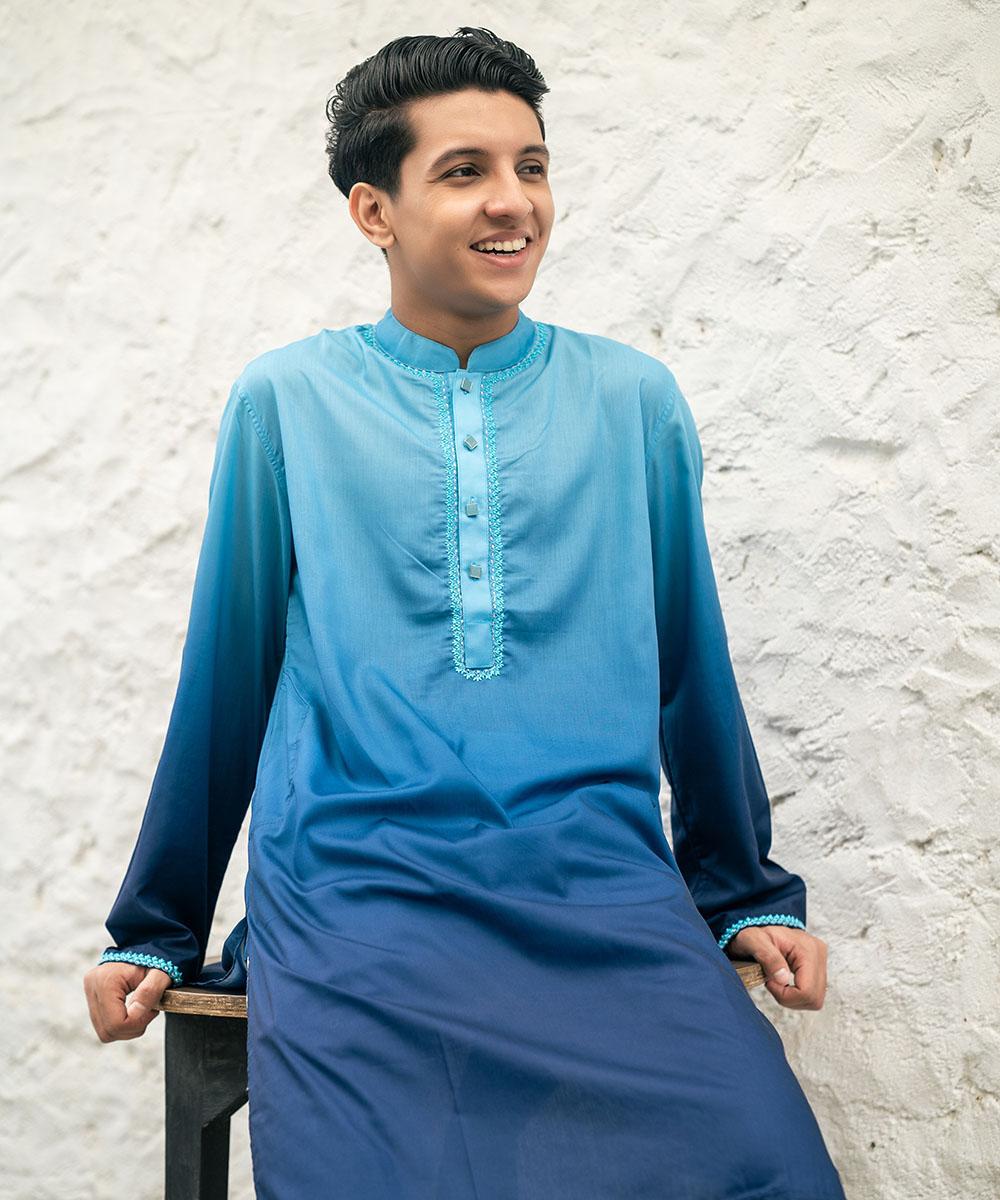 Blue Ombre Dyed Cotton Panjabi