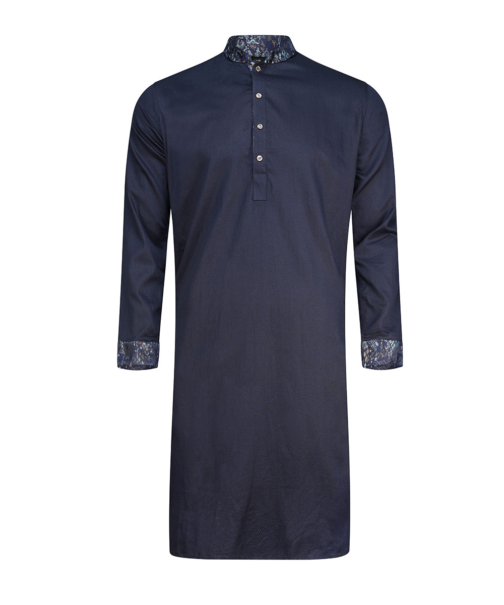 Navy Blue Coontrast Doby Cotton Slim Fitted Panjabi