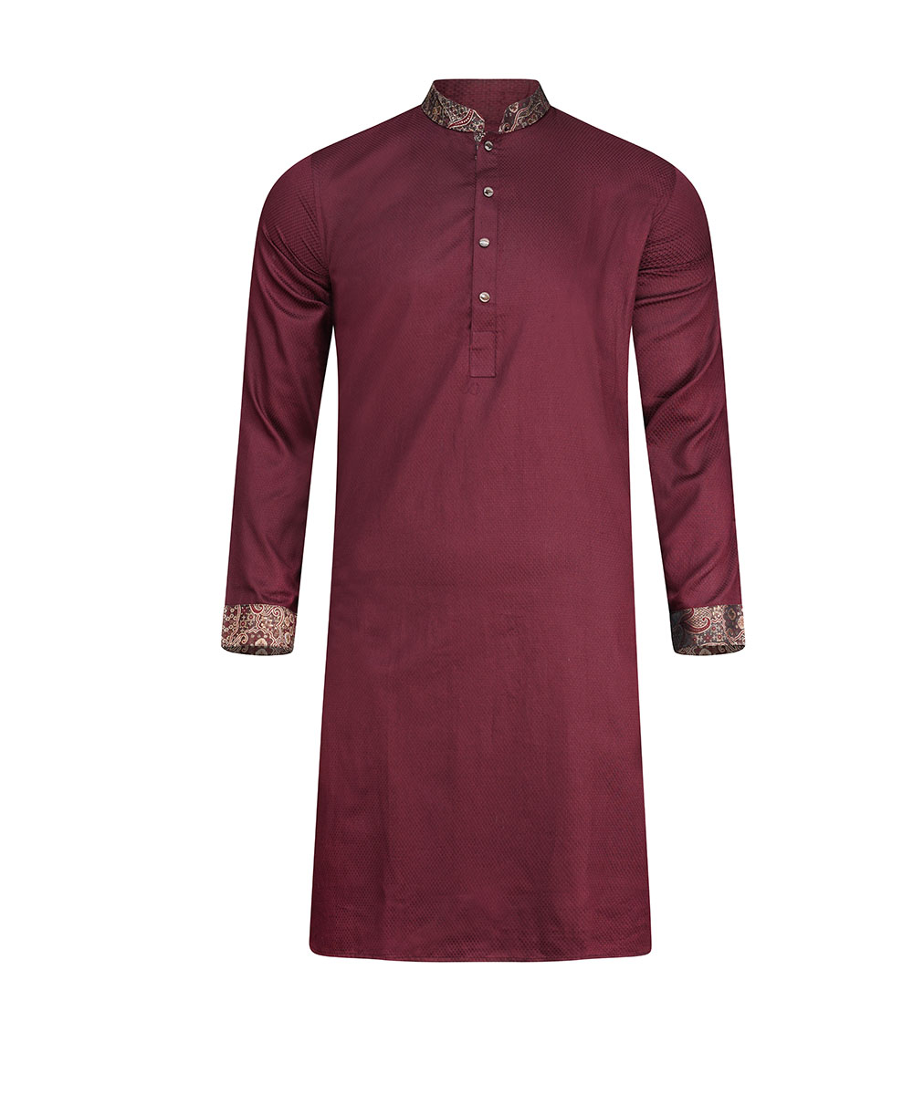Maroon Color Dobby Cotton Contrast Slim Fit Panjabi