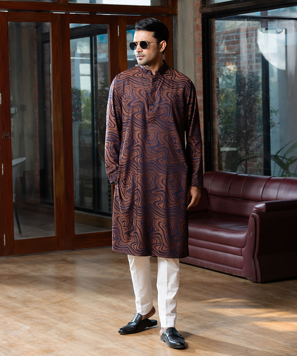 Brown Abstract Print Bamboo Silk Panjabi